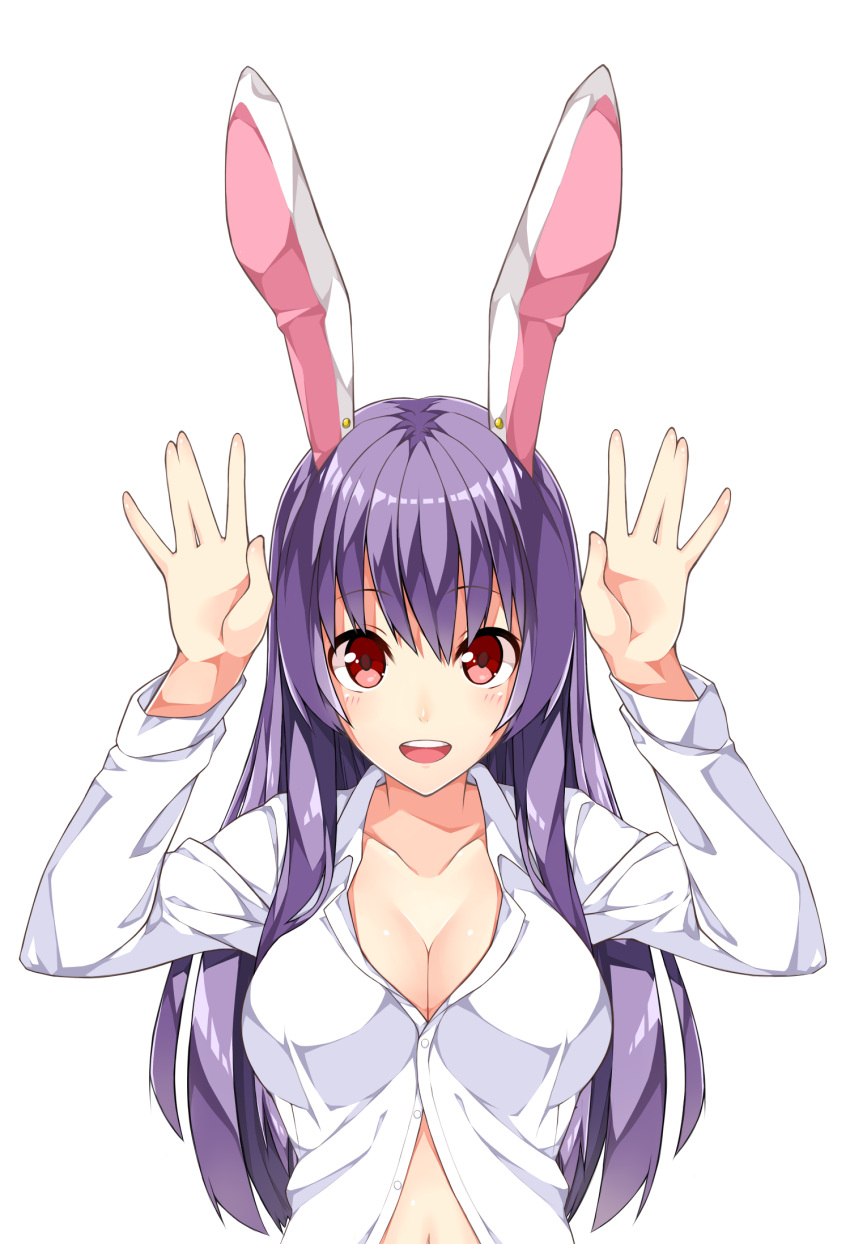 1girl, animal_ears, arms_up, blush, breasts, bunny_ears, bust, cleavage