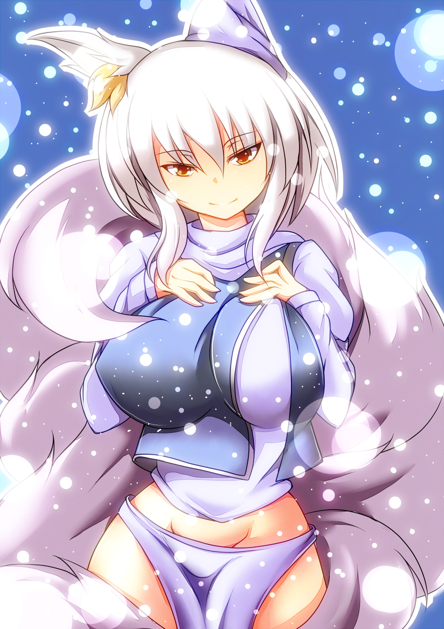 1girl, animal_ears, blonde_hair, breasts, cosplay, fox_ears, fox_tail, hands_on_own_chest, hat, highres, large_breasts, letty_whiterock, letty_whiterock_(cosplay), long_sleeves, looking_at_viewer, merry_(diameri), midriff, multiple_tails, no_pants, panties, purple_panties, shirt, short_hair, silver_hair, snowing, solo, tail, touhou, undersized_clothes, underwear, vest, yakumo_ran, yellow_eyes