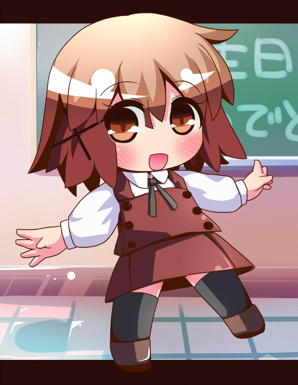 1b, 1girl, bad_id, black_legwear, brown_eyes, brown_hair, chalkboard, happy_birthday