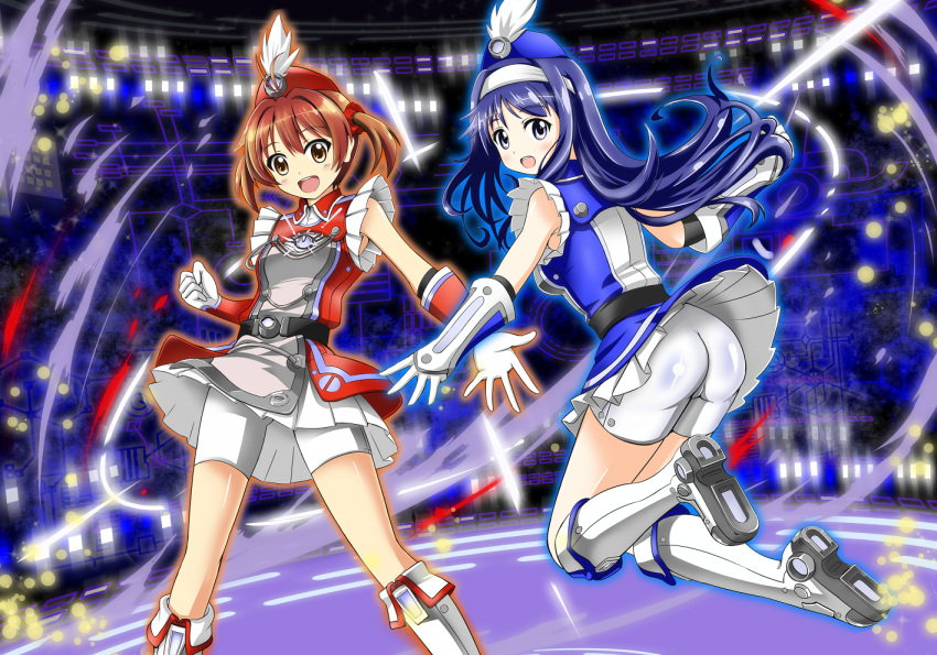 2girls, bike_shorts, blue_eyes, blue_hair, brown_eyes, brown_hair, futaba_aoi_(vividred_operation), isshiki_akane, long_hair, multiple_girls, red_liquid_(artist), vividred_operation