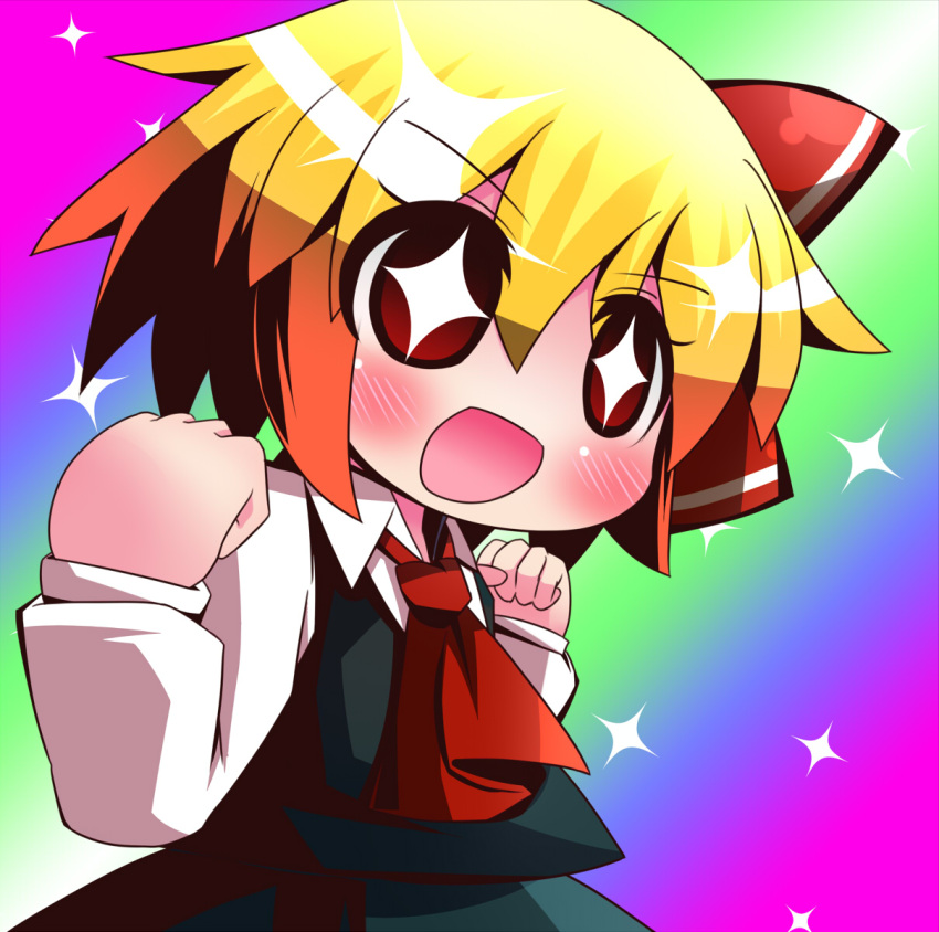1b, 1girl, arms_up, ascot, bad_id, blonde_hair, bow, chibi, hair_bow, hair_ornament, highres, no_nose, open_mouth, rainbow_background, red_eyes, rumia, short_hair, solo, sparkle, star, star-shaped_pupils, symbol-shaped_pupils, touhou