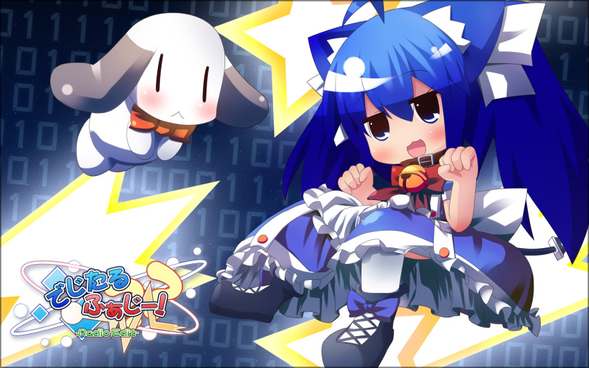 1b, 1girl, ahoge, bad_id, bell, black_eyes, blue_hair, bms_of_fighters