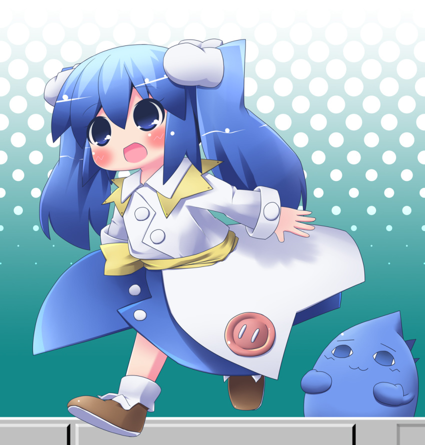 1b, 1girl, bad_id, blue_eyes, blue_hair, blush, desktop, dress, hair_ornament, highres, long_hair, no_nose, open_mouth, sakura_(ukagaka), through_screen, twintails, ukagaka, unyuu, very_long_hair