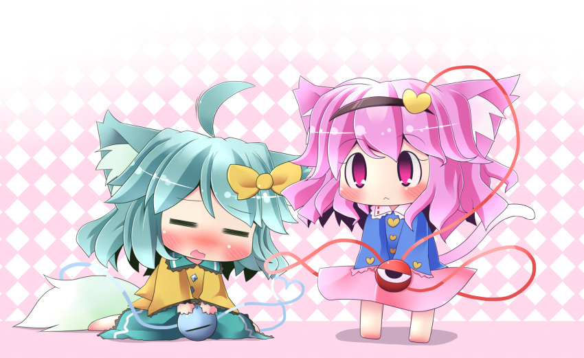 1b, 2girls, :<, =_=, ahoge, animal_ears, bad_id, blush