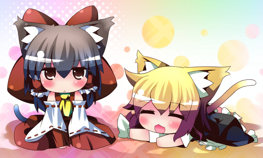 1b, 2girls, :<, animal_ears, ascot, bad_id, blonde_hair, blush