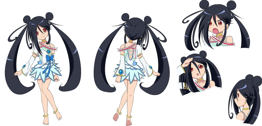 1girl, anklet, azumawari_(azumofu), barefoot, black_hair, bow, character_sheet, cosplay