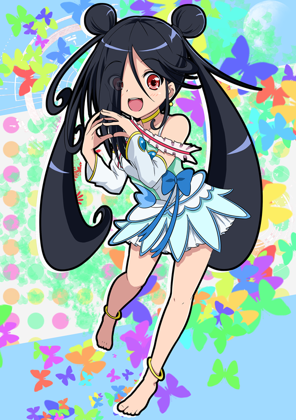 1girl, :d, anklet, azumawari_(azumofu), barefoot, black_hair, bow, choker