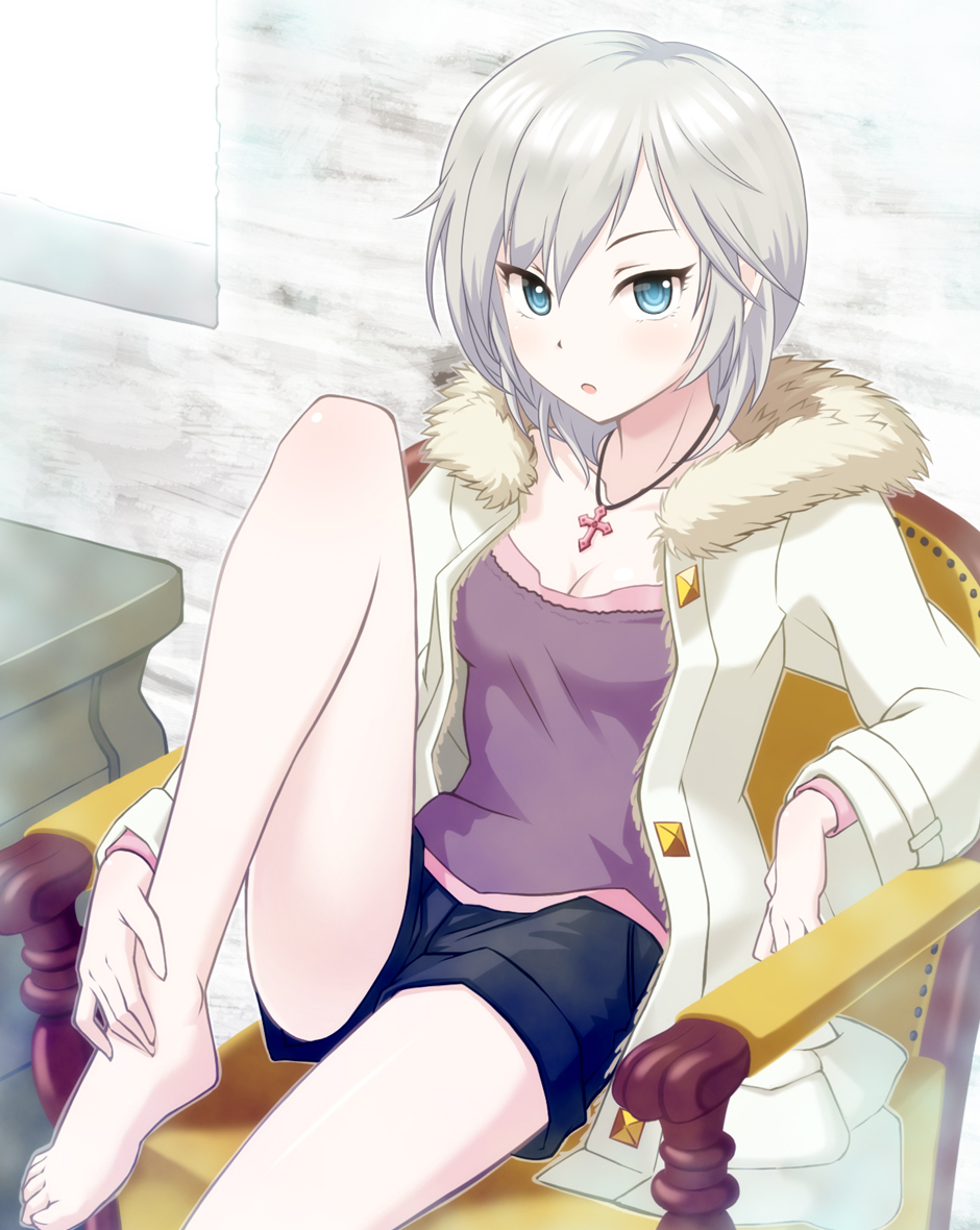 1girl, :o, anastasia_(idolmaster), argon, barefoot, blue_eyes, chair, coat