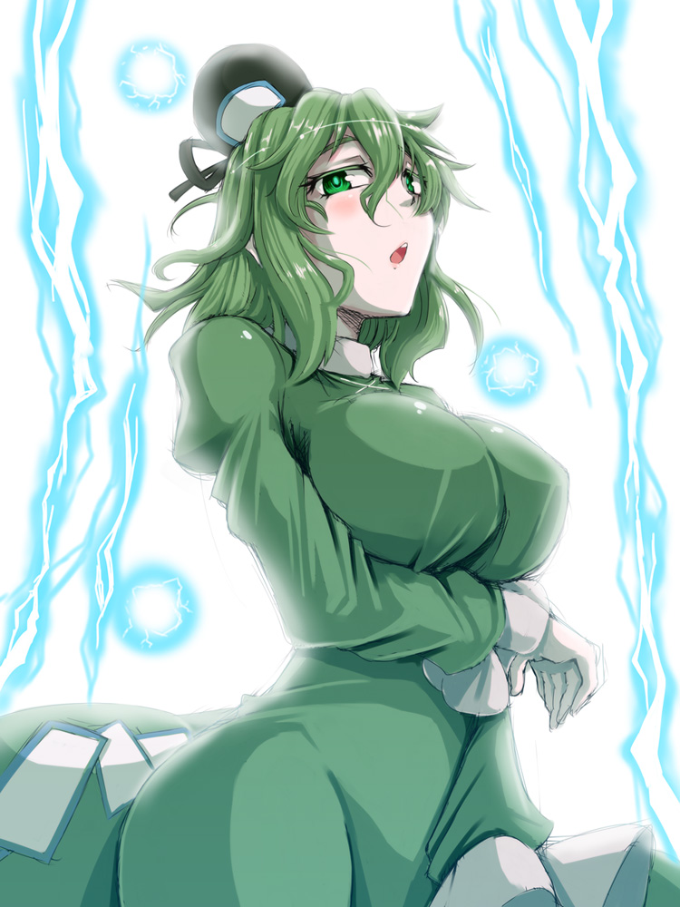 1girl, blush, breast_hold, breasts, dress, green_eyes, green_hair, hat