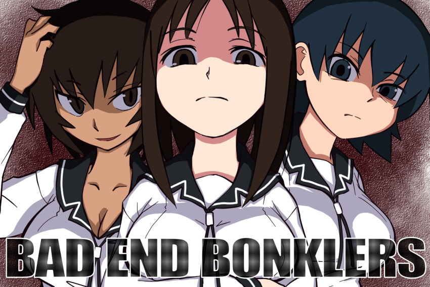 3girls, azumanga_daioh, azumanga_daiou, black_eyes, black_hair, bonklers, breasts, brown_eyes