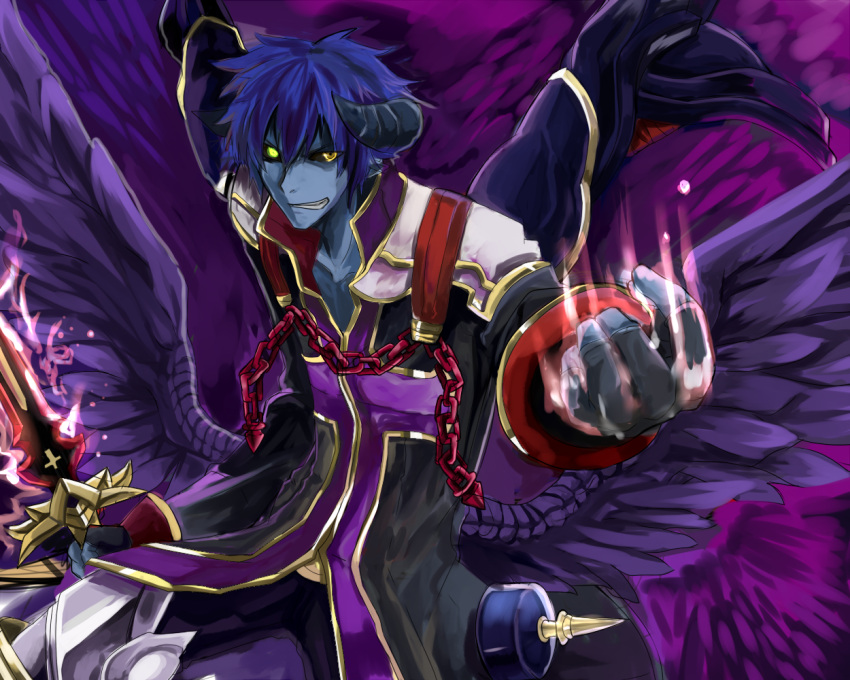 beelzebub_(shinrabanshou), black_sclera, blue_skin, chain, chains, character_request, collarbone, grin, haik, horns, looking_at_viewer, low_wings, male, shinrabanshou, short_hair, smile, solo, sword, weapon, wings, yellow_eyes
