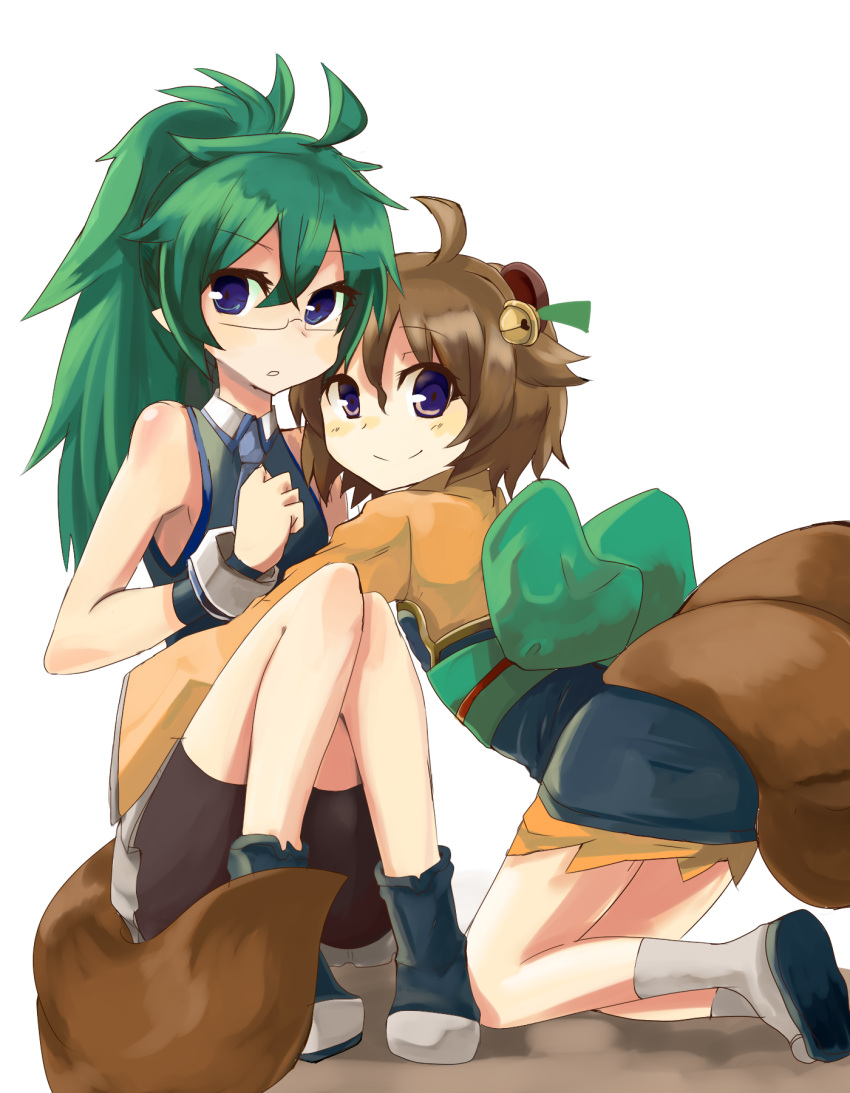 2girls, ahoge, animal_ears, asagi_(shinrabanshou), bare_shoulders, bell, bike_shorts, blue_eyes