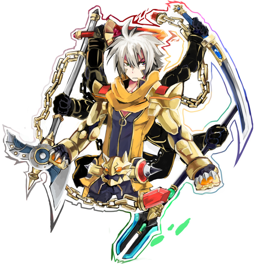 1boy, armor, axe, chain, chains, haik, heterochromia, highres, homura_kai, shinrabanshou, short_hair, simple_background, solo, spear, sword, weapon, white_background