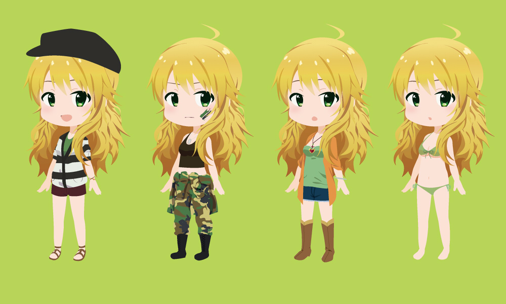 ahoge, barefoot, bikini, blonde_hair, camisole, cardigan, cargo_pants, chibi