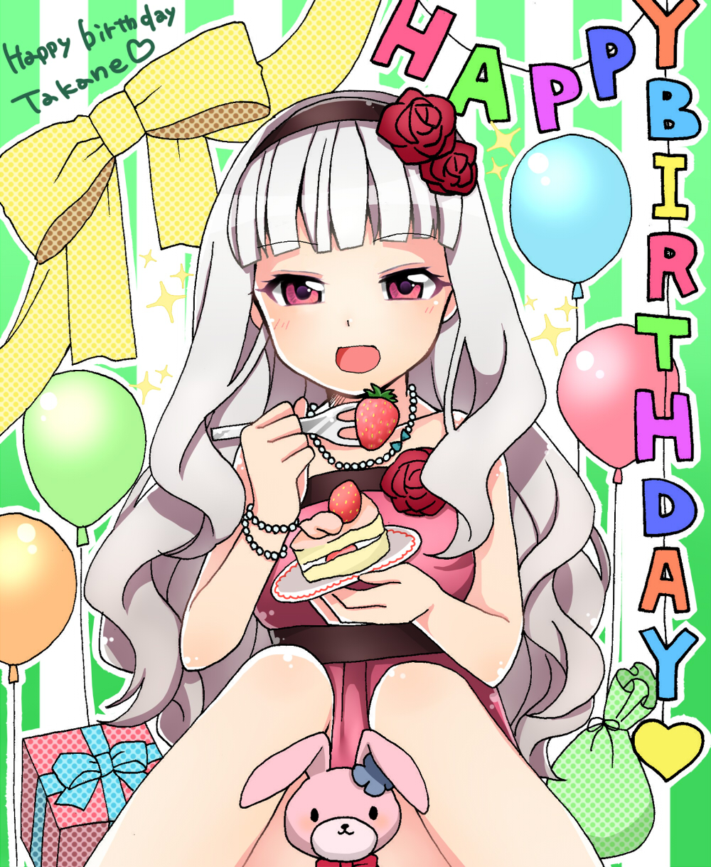 1girl, :d, bracelet, cake, dress, food, fork, fruit