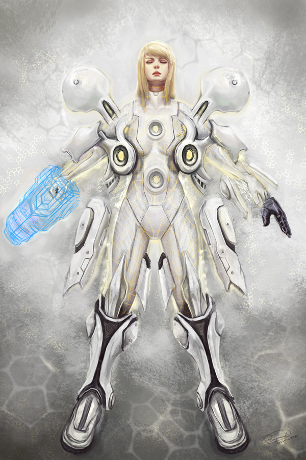 1girl, blonde_hair, bodysuit, closed_eyes, eyes_closed, light_suit, lips, metroid, power_armor, raydiant, samus_aran, solo