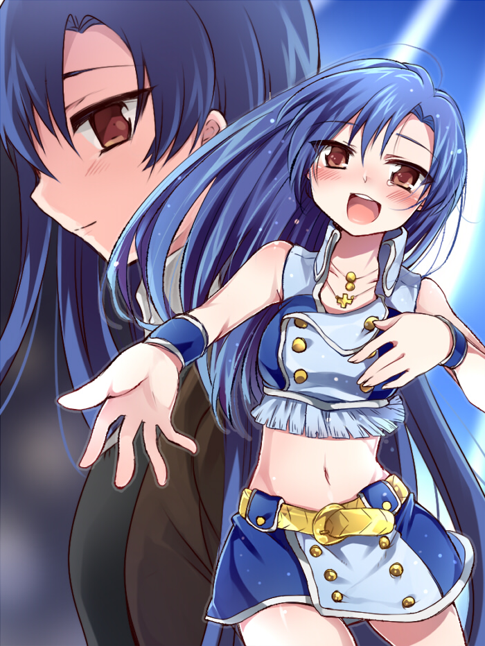 1girl, :d, belt, blue_hair, blush, brown_eyes, cool_&amp;_sexy_(idolmaster), hoshihuri