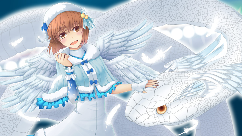 :d, absurdres, brown_eyes, brown_hair, dragon, fingerless_gloves, gloves, hagiwara_yukiho