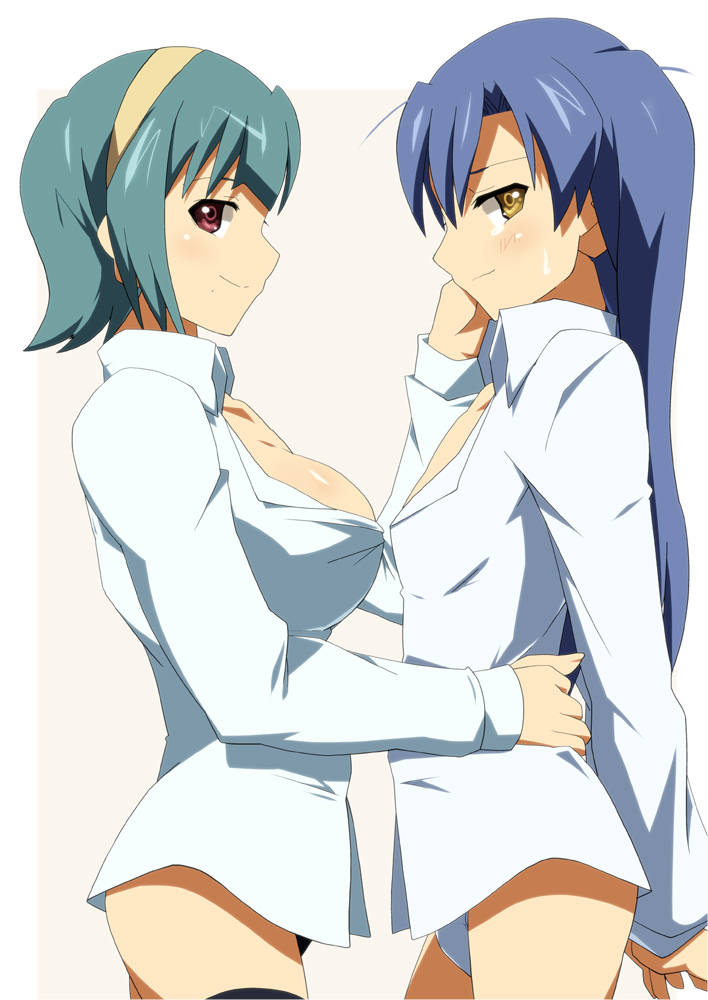 2girls, blue_hair, breasts, brown_eyes, green_hair, hairband, idolmaster, kisaragi_chihaya