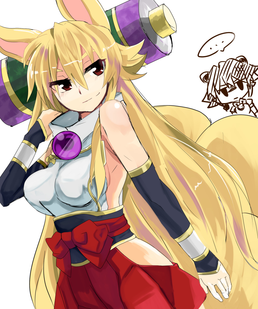 ..., 2girls, animal_ears, bare_shoulders, blonde_hair, breasts, detached_sleeves, fox_ears