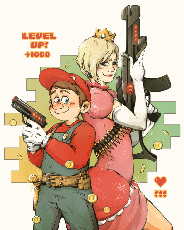1boy, 1girl, assault_rifle, back-to-back, bandolier, baseball_cap, belt, blonde_hair, blue_eyes, brown_hair, bullet, coin, cosplay, couple, crown, dress, elbow_gloves, fix-it_felix_jr, gloves, gun, hammer, hat, height_difference, kate_serafin, lipstick, makeup, mario, mario_(cosplay), pistol, princess_peach, princess_peach_(cosplay), rifle, short_hair, smile, super_mario_bros., suspenders, tamora_jean_calhoun, utility_belt, weapon, white_gloves, wreck-it_ralph