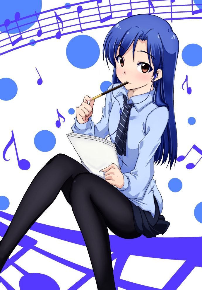 1girl, blue_hair, brown_eyes, eating, headphones, idolmaster, kisaragi_chihaya, long_hair