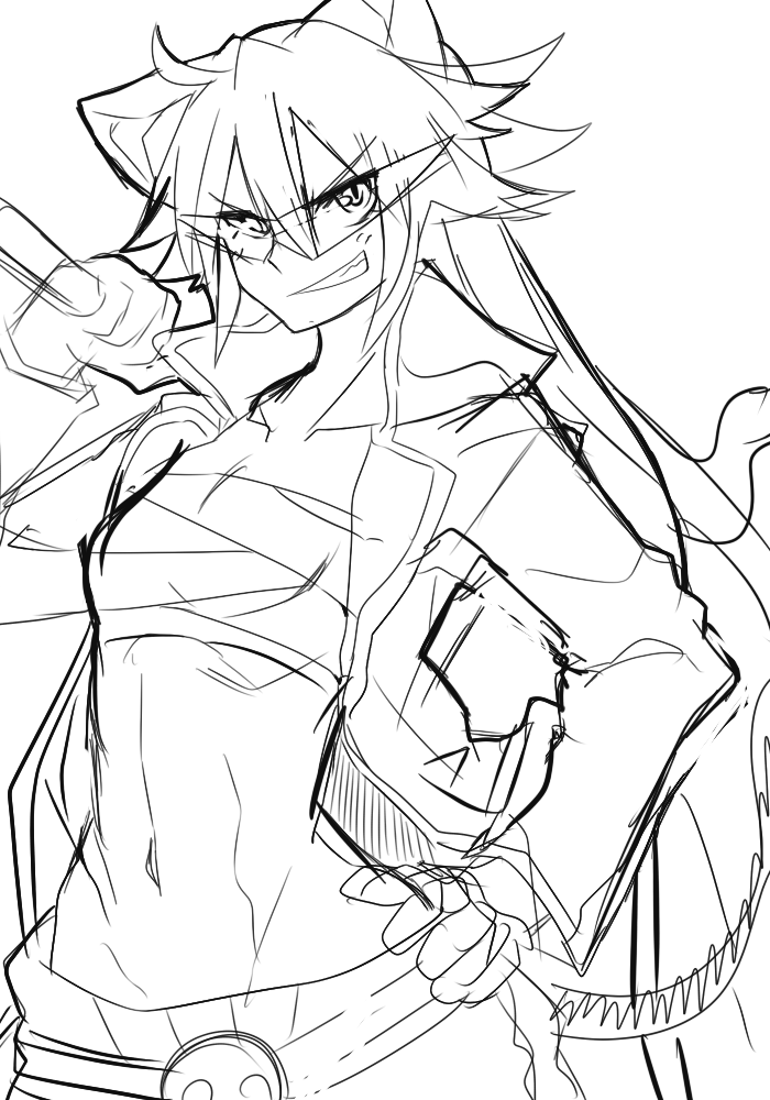 character_request, grin, haik, hand_on_hip, kamina, long_hair, matakichirou_kuruhime, monochrome, shinrabanshou, simple_background, sketch, smile, solo, tengen_toppa_gurren_lagann, white_background