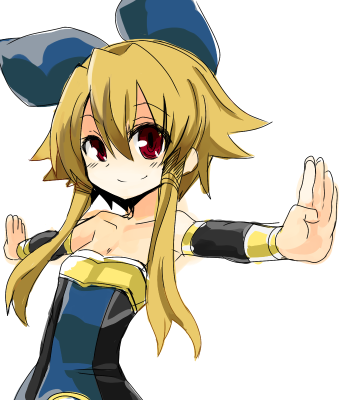 1girl, bare_shoulders, character_request, collarbone, flat_chest, haik, hair_bun, long_hair, looking_at_viewer, meryl_star, outstretched_arms, red_eyes, shinrabanshou, simple_background, smile, solo, white_background