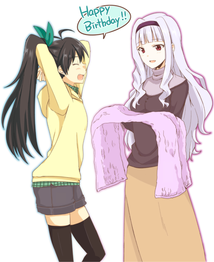 2girls, black_hair, fang, ganaha_hibiki, hairband, happy_birthday, hinaganon, idolmaster