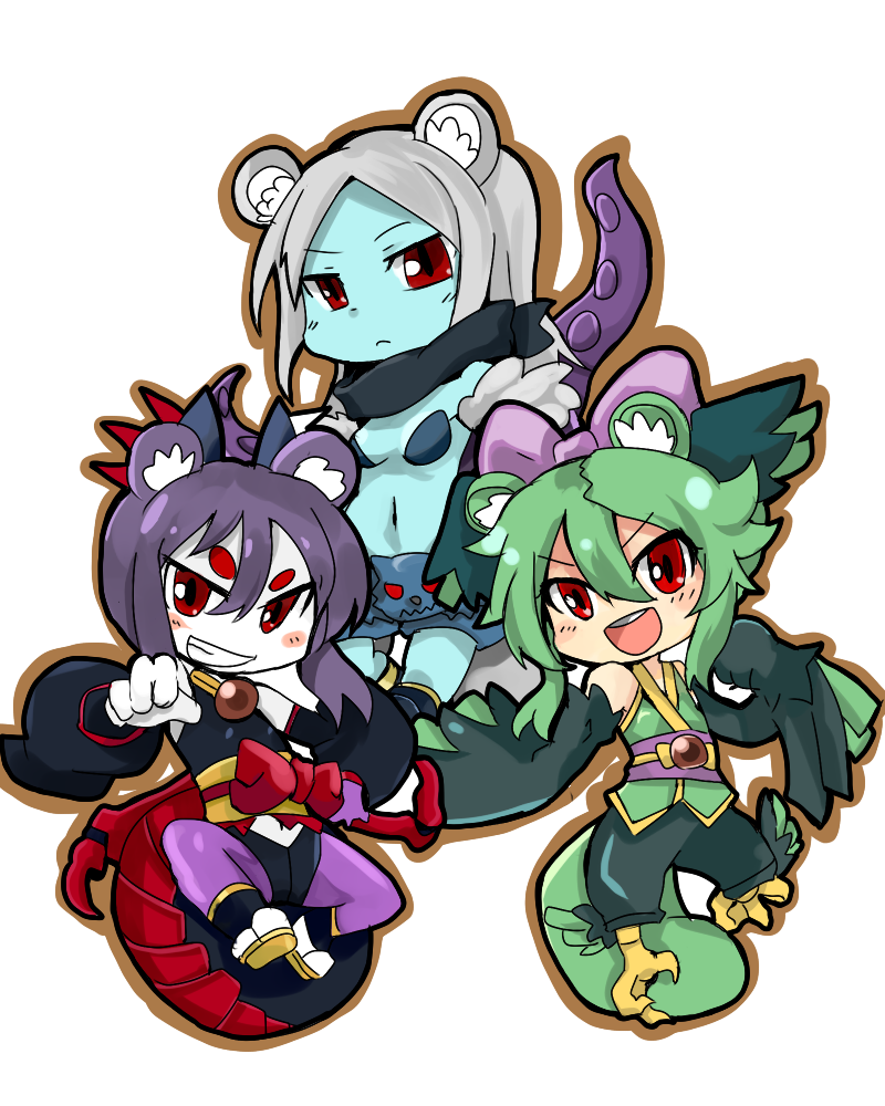 3girls, animal_ears, arachne_(shinrabanshou), blue_skin, blush, character_request, flat_chest, green_hair