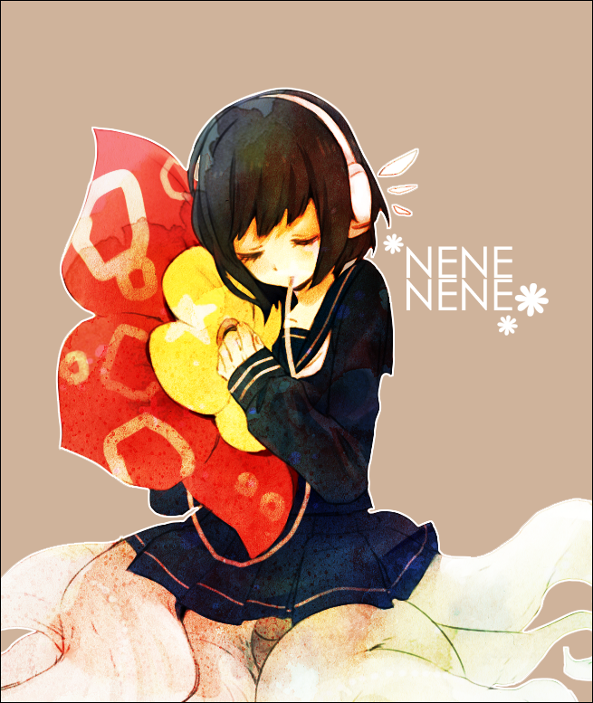 1girl, black_hair, bob_cut, closed_eyes, eyes_closed, flower, headphones, monster_girl