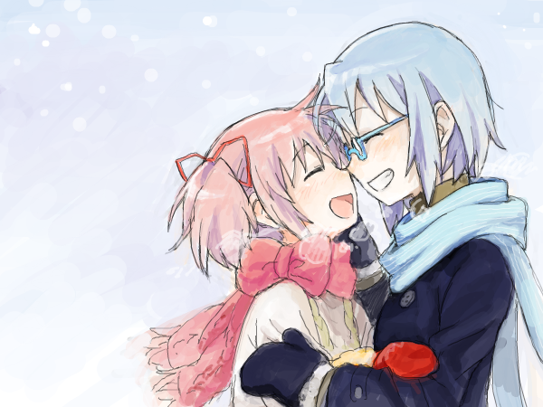 2girls, bespectacled, blue_hair, blush, bow, breath, glasses, grin