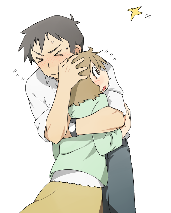 >_<, 1boy, 1girl, black_hair, blush, brown_hair, character_request, couple