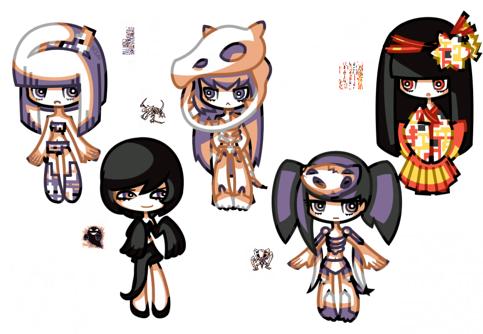5girls, :<, aerodactyl, assymetrical_bangs, bangs, black_hair, blunt_bangs, full_body