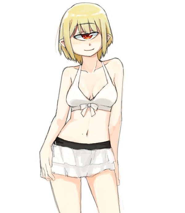 1girl, bare_shoulders, bikini_top, blonde_hair, blush, breasts, contra, contrapposto, cyclops, miniskirt, monster_girl, navel, one-eyed, original, red_eyes, short_hair, skirt, smile, solo, yoplait