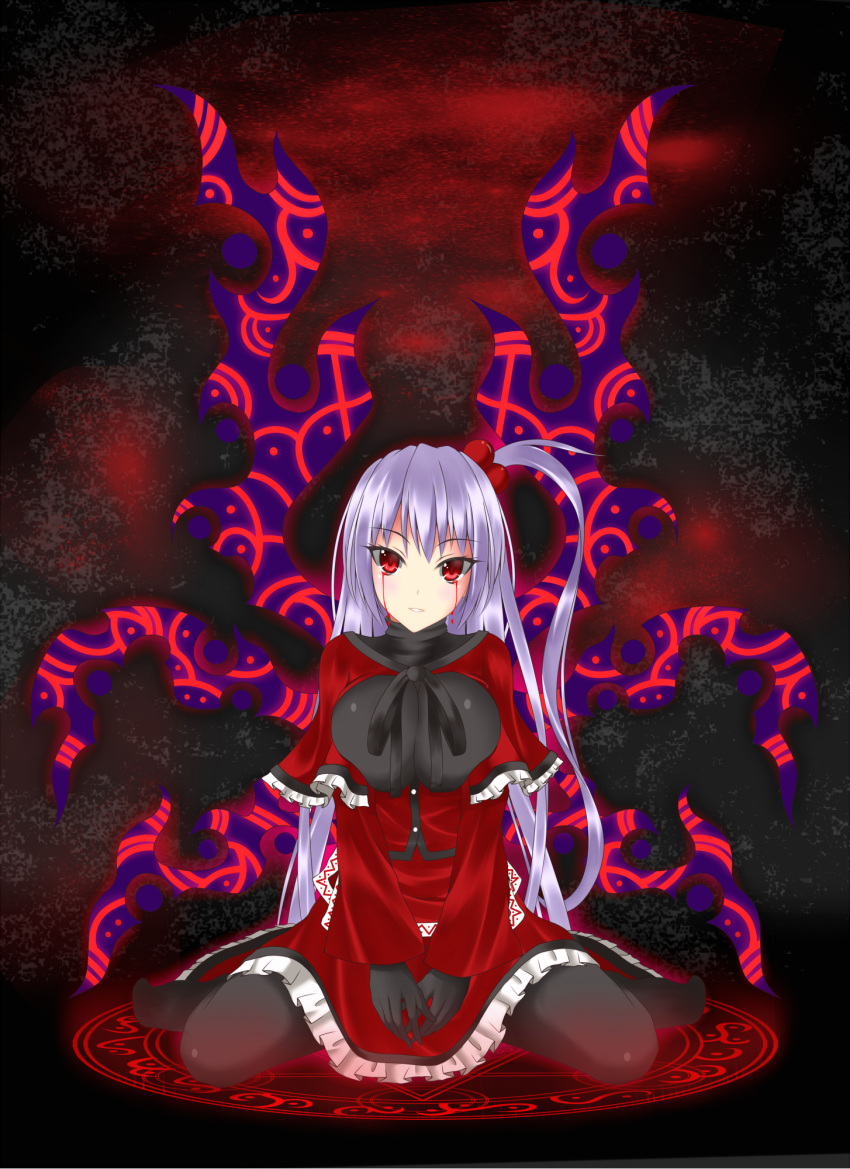 1girl, black_legwear, blood, bloody_tears, breasts, capelet, dress, gmot