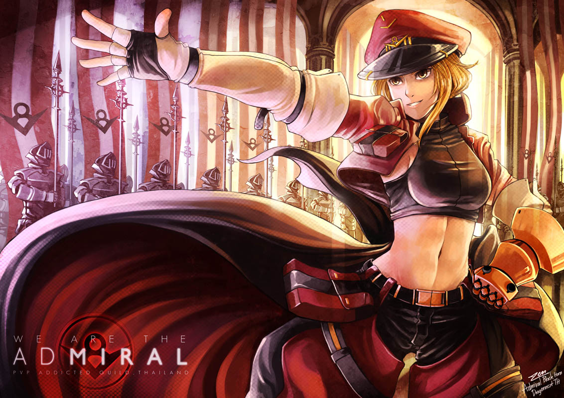 1girl, armor, blonde_hair, english, fingerless_gloves, gloves, grin, hand_on_hip