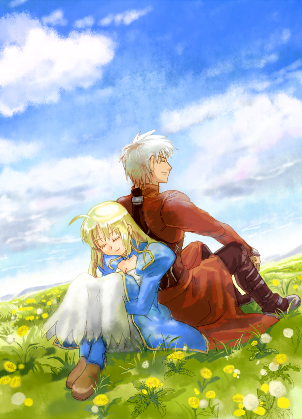 1boy, 1girl, ahoge, archer, blonde_hair, closed_eyes, dark_skin, dress