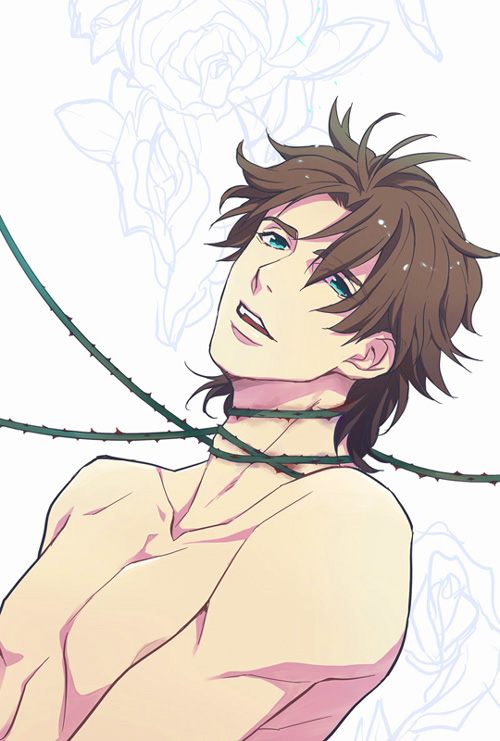 1boy, blue_eyes, brown_hair, flower, jojo_no_kimyou_na_bouken, jonathan_joestar, nude, rwk