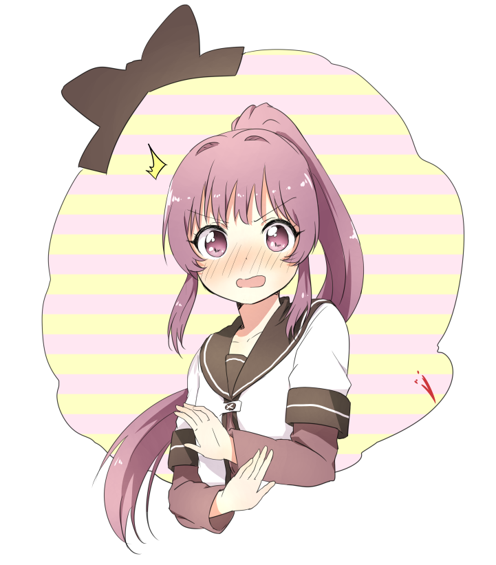 1girl, blush, hair_intakes, looking_at_viewer, naraba_yueni, open_mouth, ponytail, purple_hair