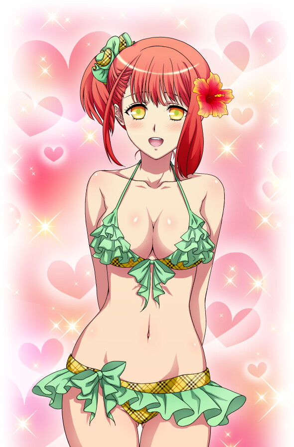 1girl, arms_behind_back, bikini, blush, breasts, cleavage, cowboy_shot, flower