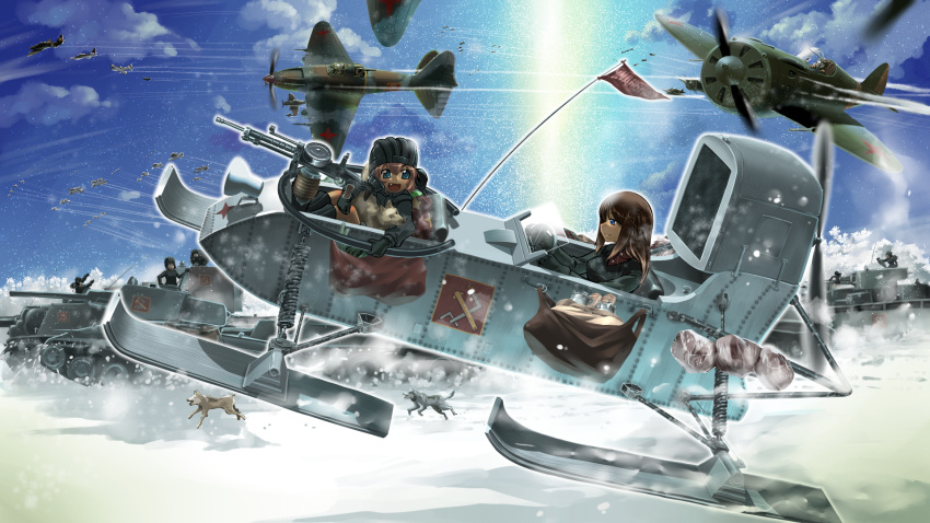airplane, blue_eyes, brown_hair, dog, girls_und_panzer, highres, il-2, katyusha, long_hair, military, military_uniform, military_vehicle, multiple_girls, nonna, polikarpov_i-16, r-ex, short_hair, smile, snow, tank, uniform, vehicle, weapon