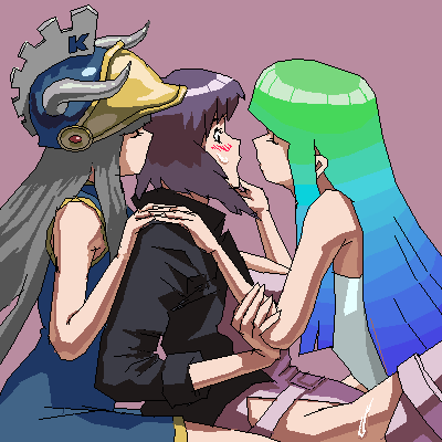 3girls, artist_request, bare_shoulders, bird, blue_hair, blush, closed_eyes, commentary, crossover, eyes_closed, ghost_in_the_shell, gradient_hair, green_hair, hime_cut, horned_helmet, incipient_kiss, kusanagi_motoko, leotard, lindows, linux, linux-tan, long_hair, lowres, multicolored_hair, multiple_girls, oekaki, open_clothes, open_jacket, os-tan, payot, penguin, purple_hair, resisting, silver_hair, thigh-highs, thighhighs, yuri