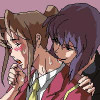 2girls, artist_request, blush, brown_hair, character_request, commentary, ghost_in_the_shell, kusanagi_motoko, licking, licking_neck, long_hair, lowres, multiple_girls, necktie, oekaki, operator_(ghost_in_the_shell), ponytail, purple_hair, sweat, wince, yuri
