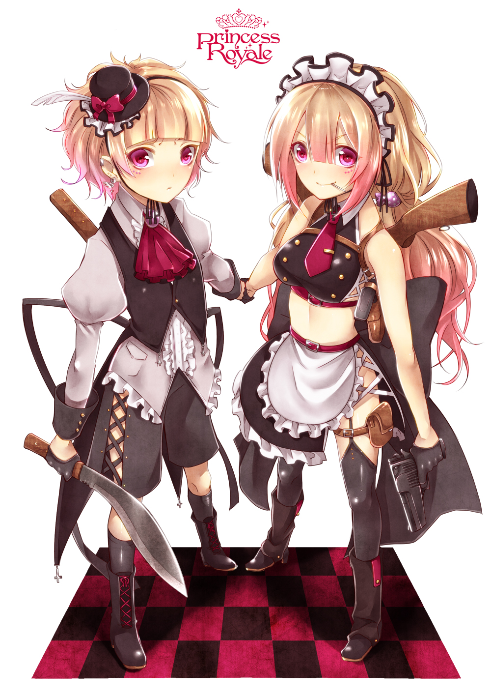 1boy, 1girl, apron, black_legwear, blonde_hair, blush, boots, bow