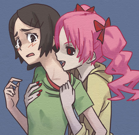 &acirc;&ndash;&frac12;namu, ?namu, biting, black_sclera, blush, collar_pull, fangs, lowres