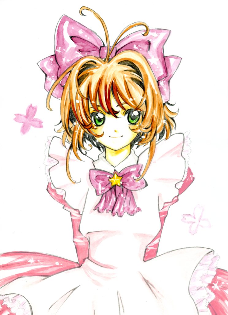 1girl, arms_behind_back, bow, brown_hair, card_captor_sakura, cardcaptor_sakura, colored, green_eyes