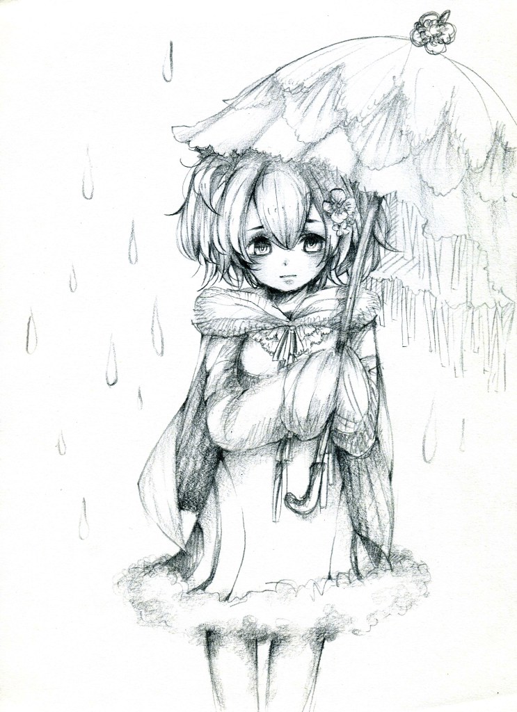 1girl, copyright_request, hibarisann, looking_at_viewer, monochrome, rain, short_hair, solo