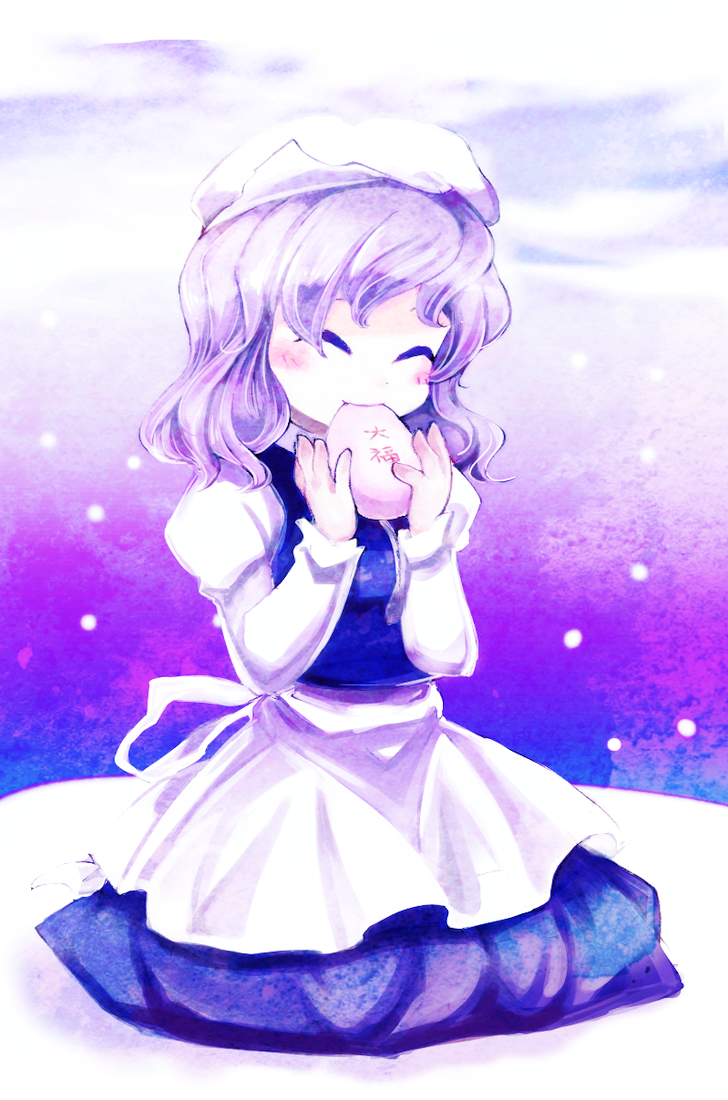 1girl, blush, closed_eyes, daifuku, eating, eyes_closed, food, hat