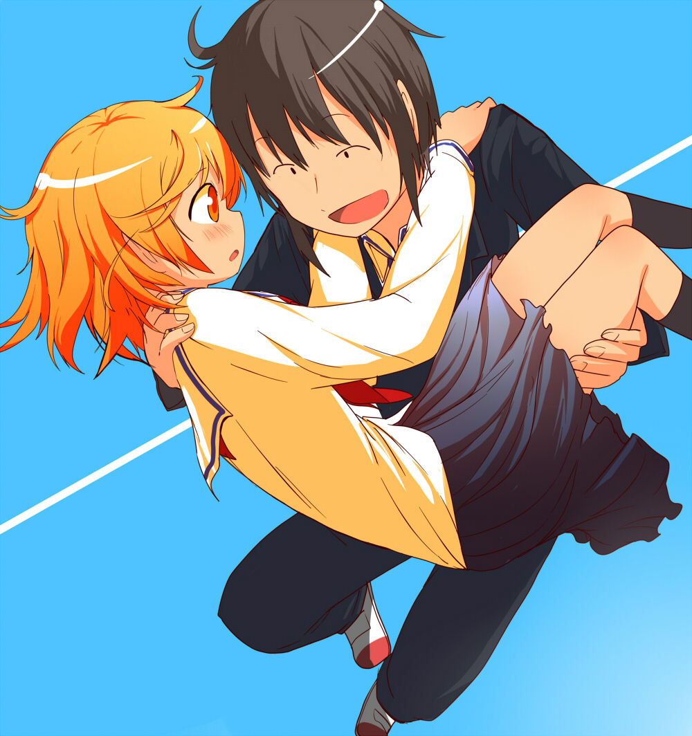 1boy, 1girl, black_hair, blazer, blush, carrying, couple, kotoura-san